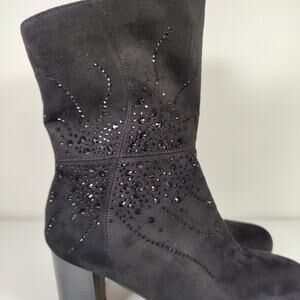 Patrizia Vegan Black Suede Rhinestone Embellished Boots 39 8.5 Glam Y2K